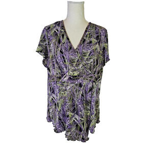 Dress Barn Women's Short Sleeve Baby Doll Top Size 14/16 V-Neck Wrap Multicolor